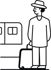 traveler with suitcase waiting at train station line art