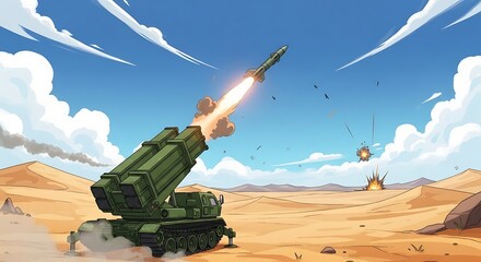Obraz premium Military Missile Launch in Desert Landscape.