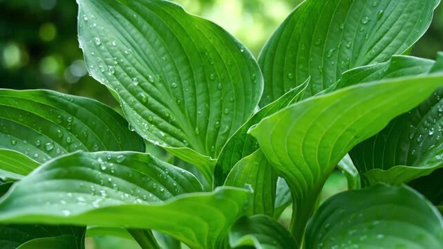 Green hosta plant leaves covered in water droplets