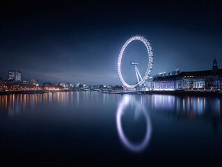 Obraz premium Dramatic nighttime cityscape reflecting in calm waters. A large observation wheel stands illuminated against the dark sky. Use for travel, tourism, or urban concepts.