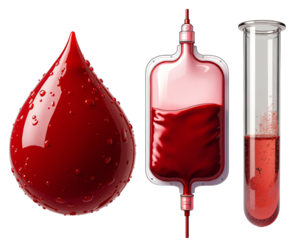 Medical Blood Donation Elements – Realistic Blood Drop, Bag, and Test Tube for Healthcare Infographics and Medical Education Resources