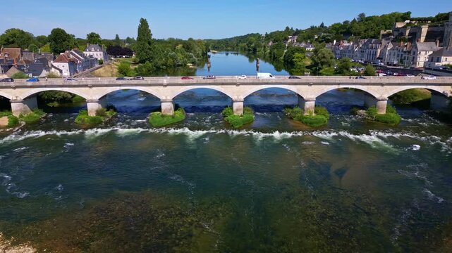 Approaching drone fly to the Pont Mar&eacute;chal Leclerc arched bridge crosses the Loire River, Melun, Seine-et-Marne, France.