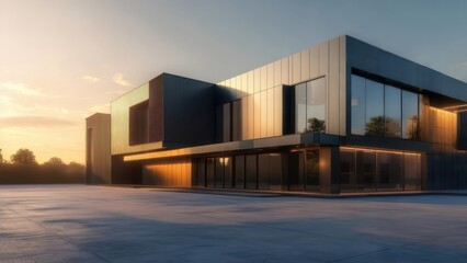 Fototapeta premium Stunning modern office building exterior with sleek glass facade reflecting warm sunset light, perfect for corporate branding and architectural showcases.