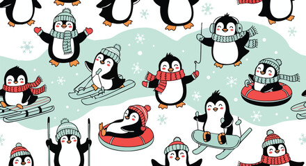 Adorable penguins enjoying winter sports like skiing, snowboarding, and tubing in a playful, snowy scene © Mugi