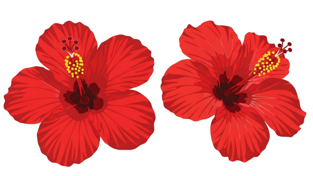 Two vibrant red hibiscus flowers against a black background