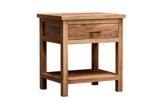 Light brown wooden nightstand with one drawer and open lower shelf.  Simple, rustic design