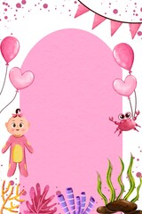 Underwater Themed girl Baby Shower Invitations with Cute sea animal frame and Balloons