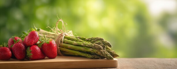 The vibrant display of fresh strawberries and asparagus on a wooden board.