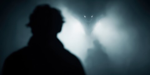 Silent Witness in the Mist: Silhouette of a person observing a mysterious, glowing presence, set against a backdrop of thick fog. A scene that evokes suspense and the unknown.