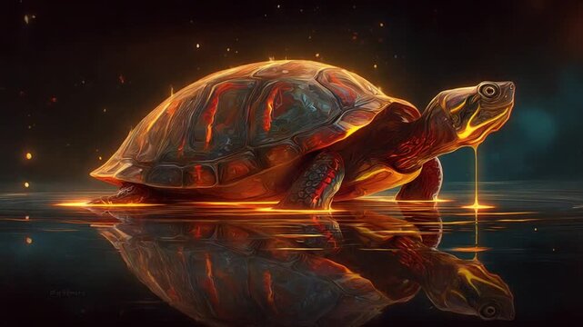 A fiery turtle glides across a molten surface, its shell glowing with inner light.
