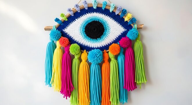 Handcrafted vibrant evil eye wall decor with tassels and pom poms