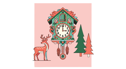 Whimsical cuckoo clock with forest trees and a deer illustration for children's decor and holiday greeting cards with a fun vintage style