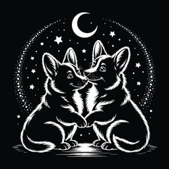 Corgis under crescent moon and stars dogs animal