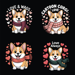 Corgi dogs with scarves and hearts cartoon illustration