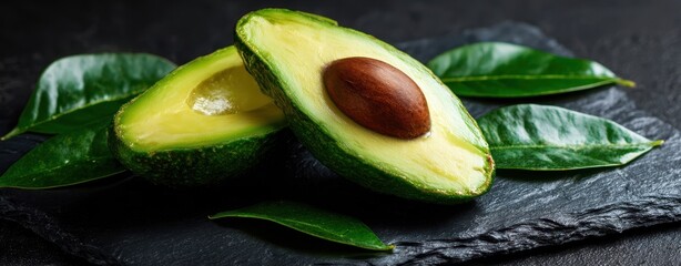 The fresh avocado cut in half with a glossy green interior.