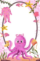 Ocean Theme Baby Shower Party Invitations for Baby Girl with Octopus and Cute Sea Creatures
