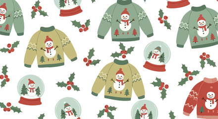 Naklejka premium Festive Christmas pattern for joyful holiday crafts and designs featuring cute snowmen sweaters and snow globes with holly berries accents