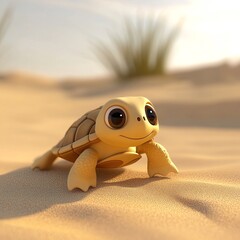 Obraz premium A charming baby turtle makes its way across soft beach sand, showcasing the beauty of nature and the innocence of wildlife under warm sunlight.