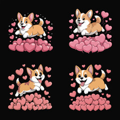 Happy corgis surrounded by pink hearts puppy