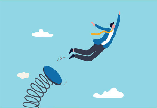 Boost up business growth, improvement, career path or job promote to higher position concept, confidence businessman leader jumping springboard up high in the sky.