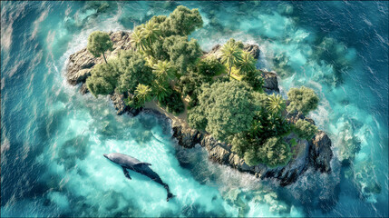 Fantasy Tropical Island with Giant Dolphin in Clear Blue Water
