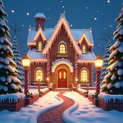 An animated Christmas themed point of view image of the intricately designed front of a large gingerbread 