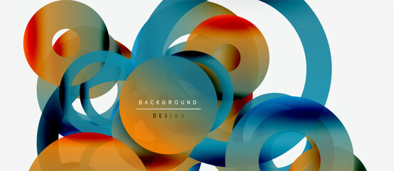 Abstract colorful circles overlap creating dynamic composition. Modern design with gradients, smooth shapes, white background.