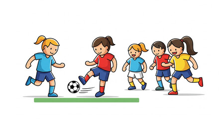Vector image of children's activities in 2D flat style, plain white background, playing soccer