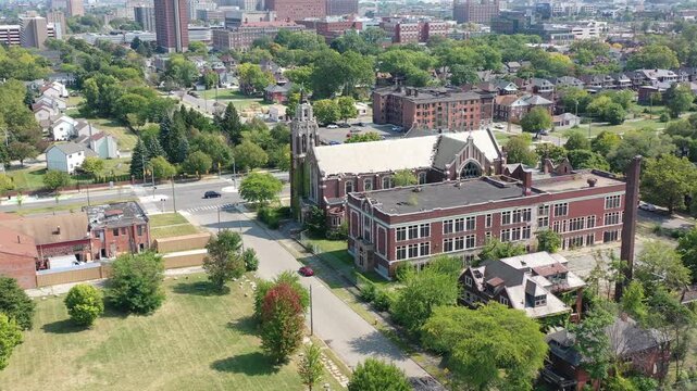 Aerial Flyover View of an Abandoned Church in Detroit Michigan