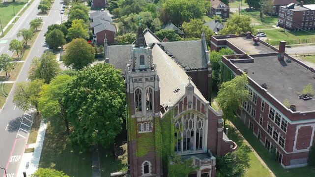 Abandoned Church in Detroit Michigan with Plants Growing over it