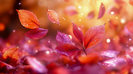 Sparkling Autumn Radiance: Close-Up of Crimson and Amber Leaves Adorned with Shimmering Water Droplets in Soft, Blurry, Golden-Pink Background