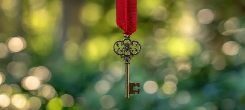 The key on a red ribbon suspended against a green bokeh background evoking mystery
