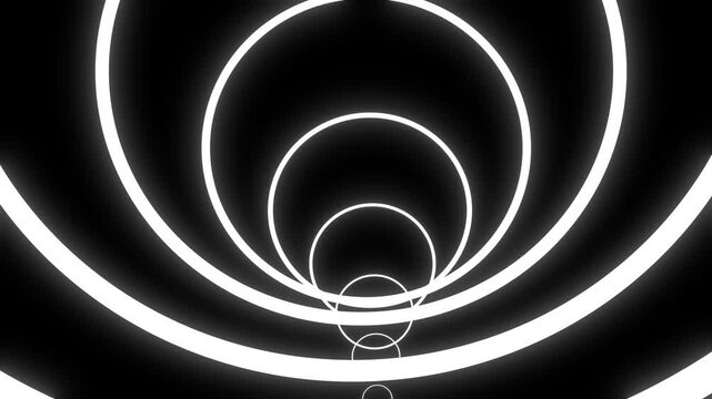 Infinite White Circle Lined Abstract Glowing Animated Tunnel with Black Background. Animated Motion Graphics.