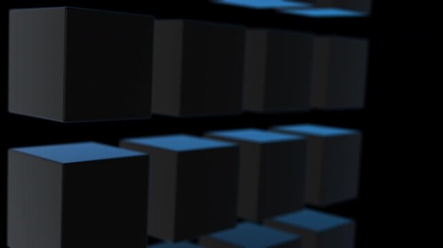 4x4 Black Cubes in Square Formation with Blue Tint Close Up Moving Rapidly and Randomly.