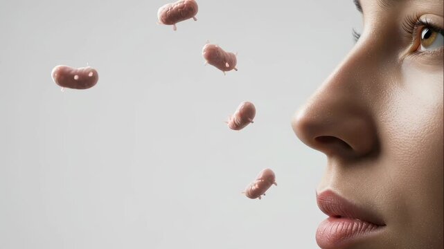 Woman surrounded by small creatures representing bacteria. Health and hygiene concept with microscopic germs animation.