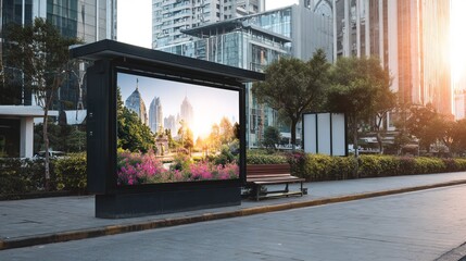 Vibrant urban advertising display featuring photorealistic nature scene in city park capturing serene beauty modern architecture daytime eye-catching digital design