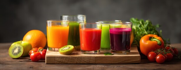The colorful array of fresh juices with vibrant fruits and vegetables.