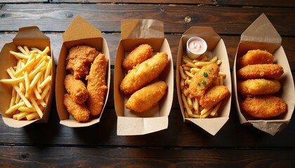 Crispy fried fish and fries served in takeaway trays on wooden table. Golden battered fish fillets and chips with tartar sauce. Delicious takeaway seafood for fast food delivery.