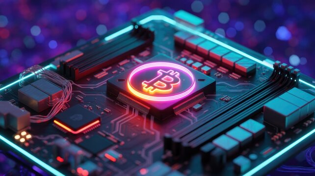 Digital Bitcoin Core: A futuristic, neon-lit depiction of a computer processor, prominently featuring a Bitcoin symbol at its core, reflecting the dynamic world of cryptocurrency.
