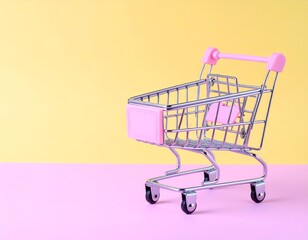 Miniature shopping cart on a pastel background