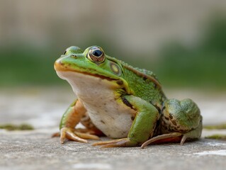 Obraz premium A bright green frog perched calmly on a stone surface, with a blurred background adding depth to the scene.