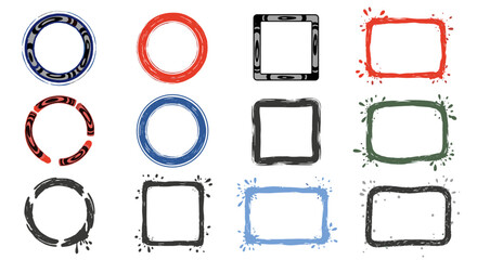 Round and square frames set with grunge brush textured ed. vector illustration