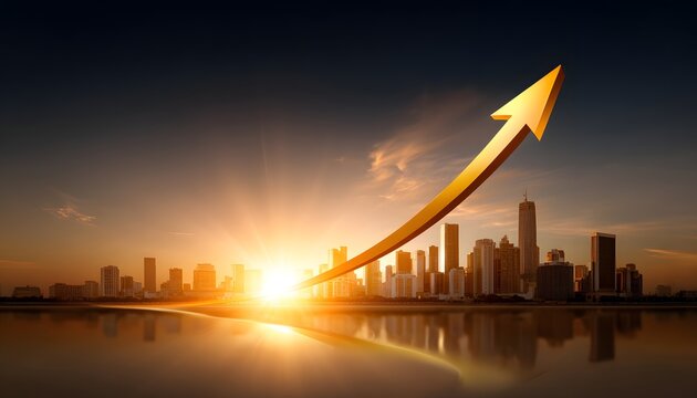 Financial growth arrow rising from city skyline 