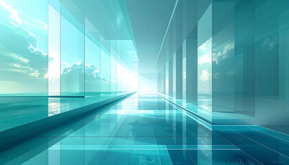 Fototapeta premium Futuristic glass corridor reflecting ocean and sky image
