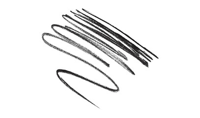 Hand drawn black pencil lines, circles, stripes and squiggly lines on transparent background.