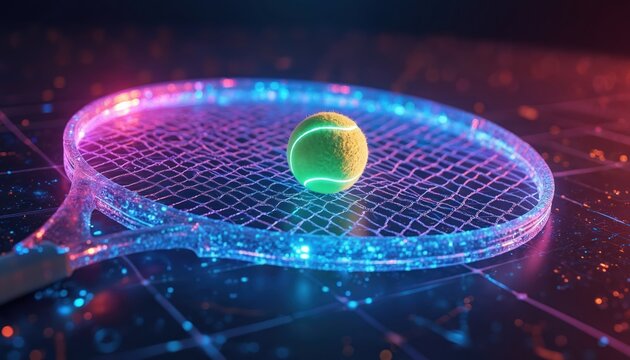 Close-up of tennis ball on futuristic racket with digital hologram. Innovative tech design. Glowing lines, neon colors. Sports equipment. Modern tennis concept. Digital art render. Racket glows with