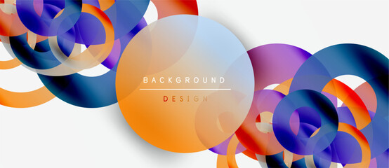 Abstract colorful circles overlap white space. Modern design elements create dynamic visual flow. Background features gradients, shapes.