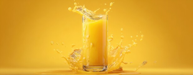 The refreshing orange juice splashing in a glass against a bright background.