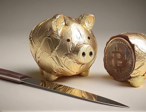 video piggy bank wrapped in shiny golden foil, thin ham-carving knife, sliced in half across the middle the interior shows a giant Bitcoin coin full filling its core,  clean background isolated
