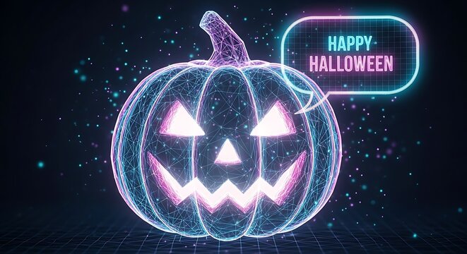 A glowing pumpkin with happy halloween text in a speech bubble illustration - Powered by Adobe